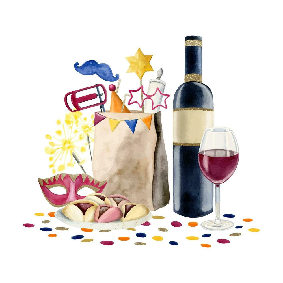 pourim mishloah Manot nourriture panier aquarelle vecteur illustration avec vin, hamantaschen biscuits, masques