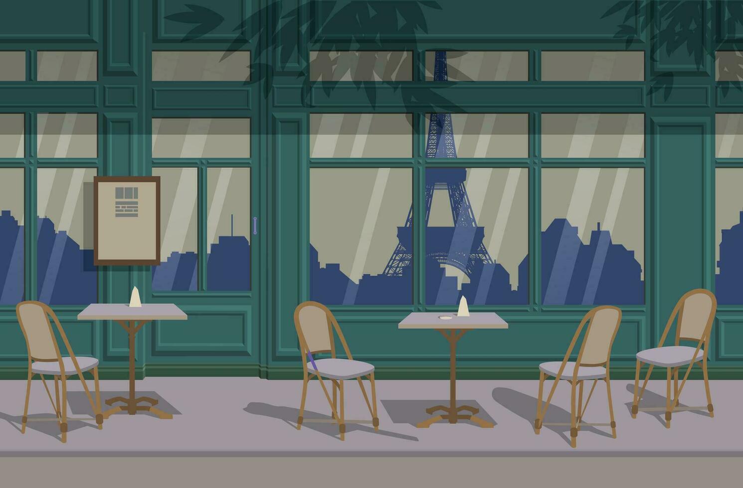 Parisien café avec une terrasse, le réflexion de le Eiffel la tour dans le les fenêtres. vecteur. vecteur