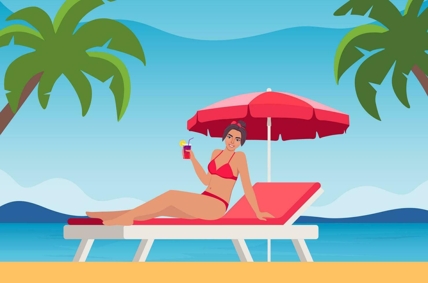 femme habillé dans maillot de bain bain de soleil sur le plage avec cocktail dans sa main et souriant. été les vacances. magnifique sexy fille dans bikini. vecteur illustration.