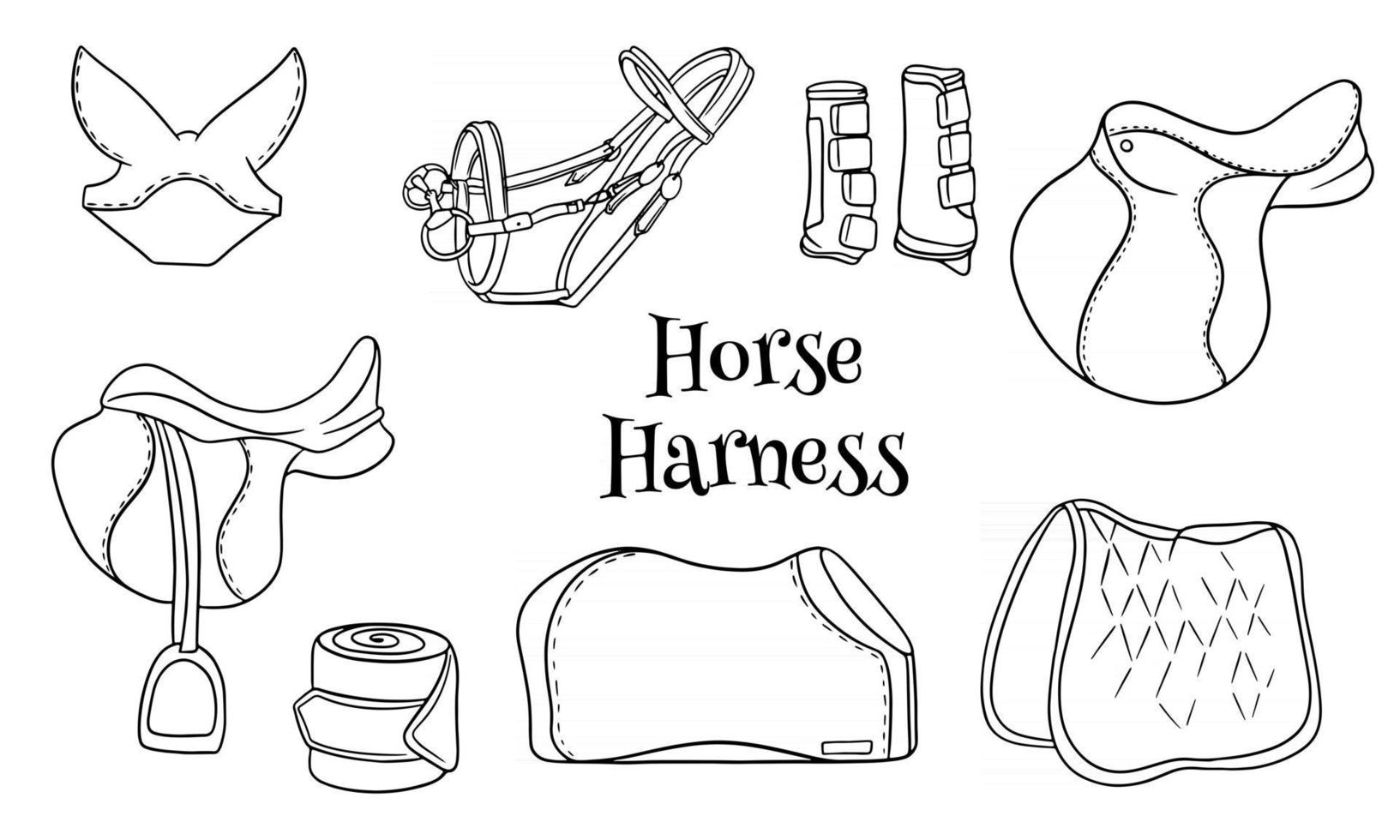 harnais de cheval un ensemble d'équipement équestre couverture de bride de selle bottes de protection dans des livres à colorier de style en ligne. vecteur