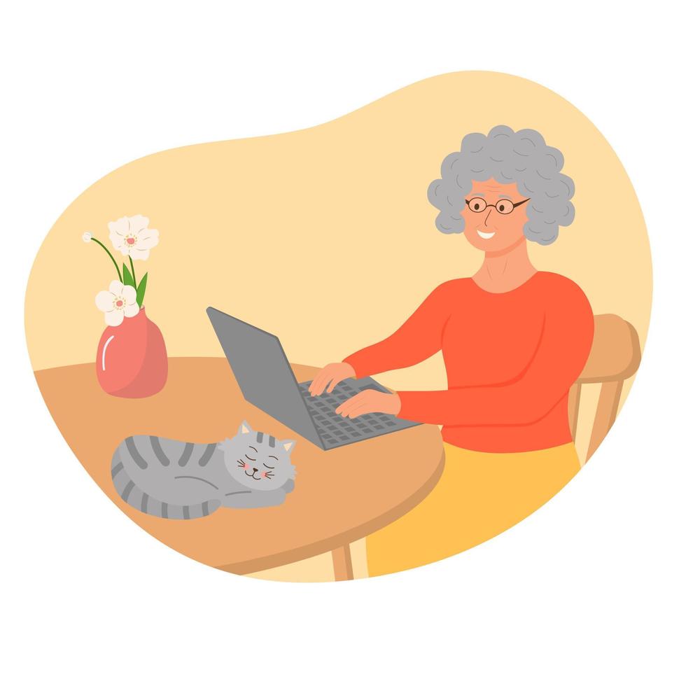 heureuse grand-mère avec un ordinateur portable, un chat et un vase avec des fleurs. vecteur