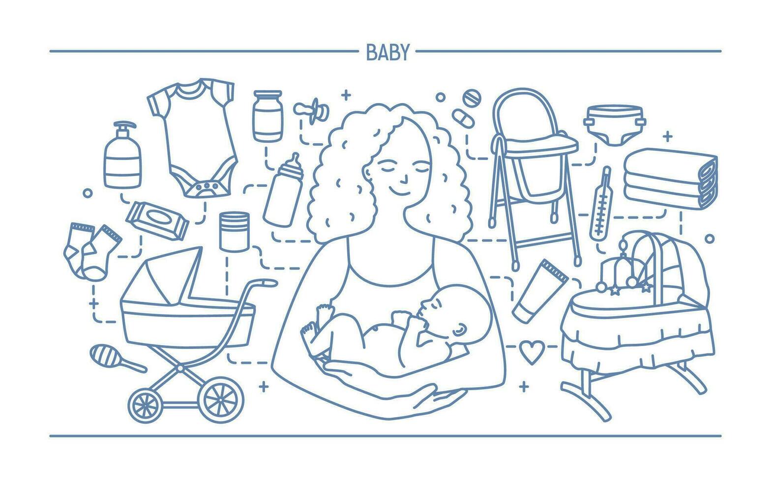 maternité concept. horizontal bannière avec mère et bébé, différent enfants accessoires. ligne art vecteur illustration.