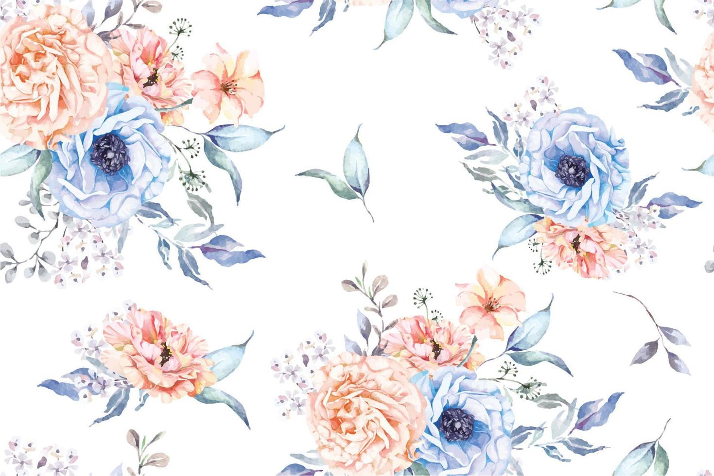 motif harmonieux de rose, de pivoine et de fleurs épanouies à l'aquarelle sur fond blanc. conçu pour le tissu luxueux et le papier peint, style vintage. illustration de motif floral dessiné à la main. jardin botanique. vecteur