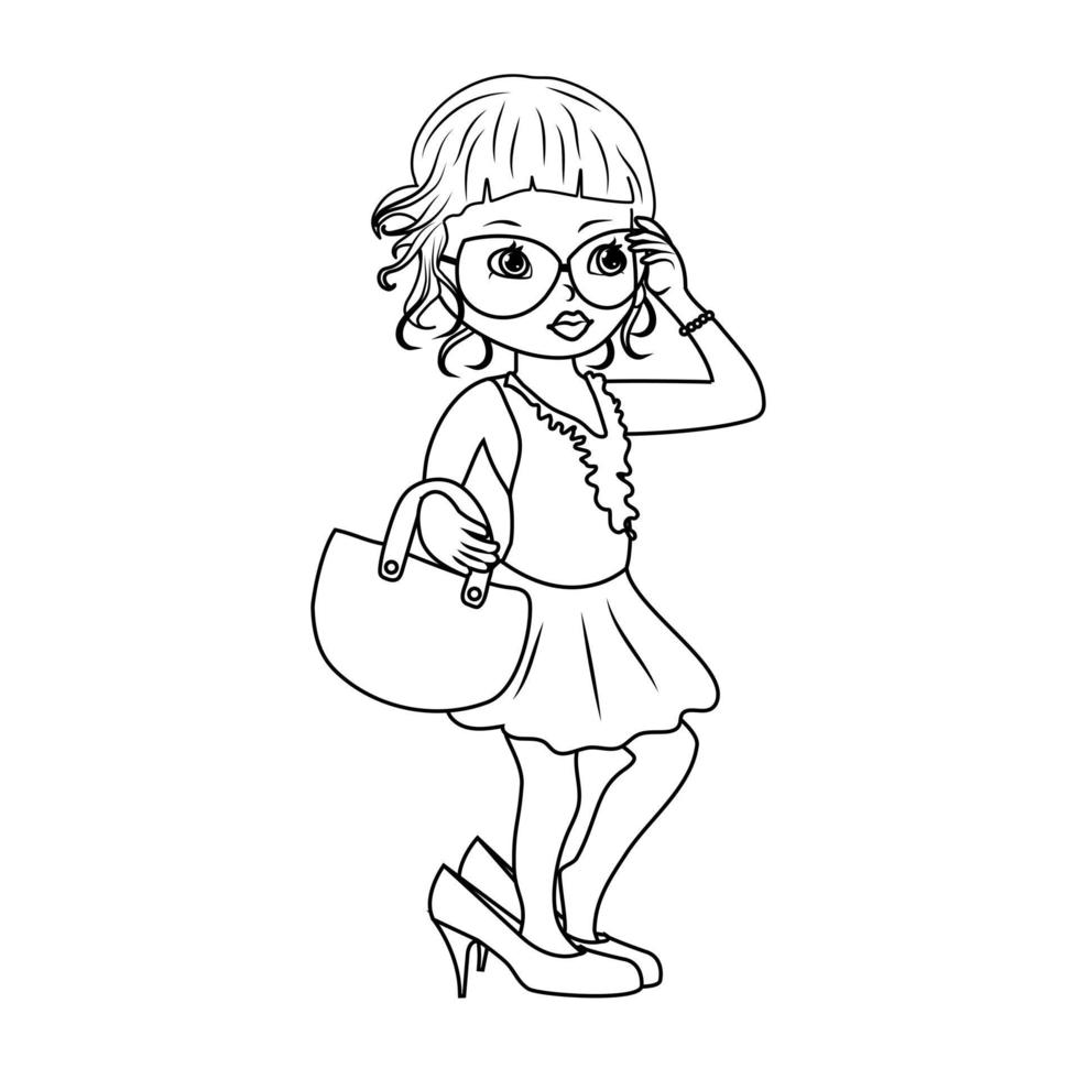 belle fille fashionista dans les chaussures de sa mère avec un sac à main. illustration vectorielle de griffonnage. vecteur