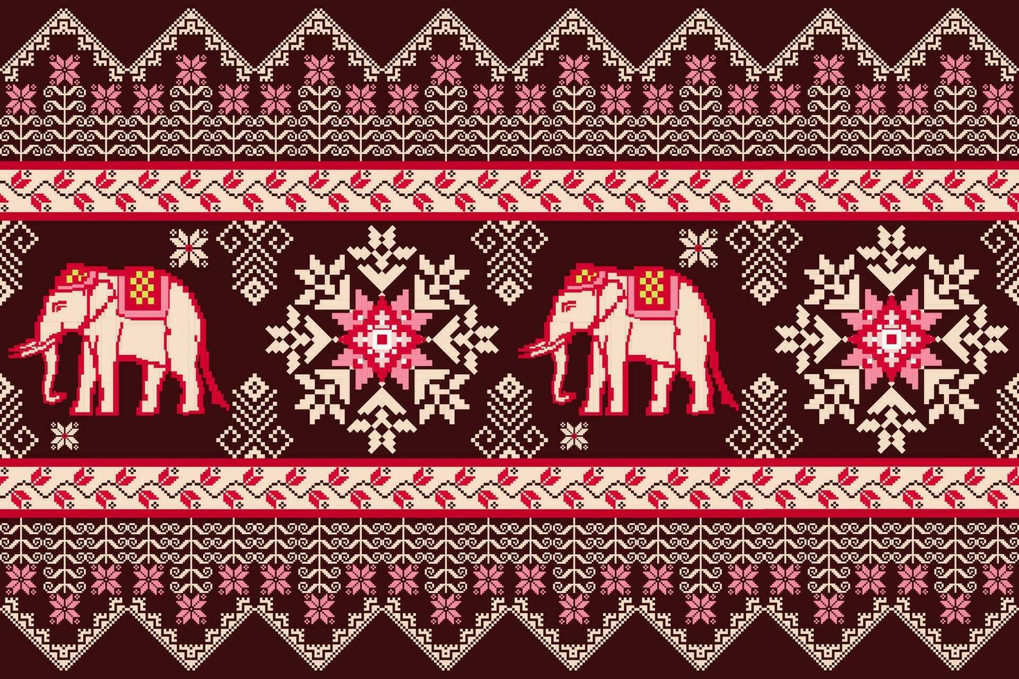 ethnique thaïlandais l'éléphant et floral pixel art sans couture modèle. vecteur conception pour tissu, tapis, tuile, broderie, fond d'écran, et Contexte