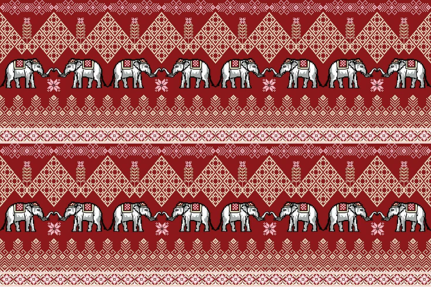 ethnique traditionnel thaïlandais l'éléphant pixel art sans couture modèle. vecteur conception pour tissu, tapis, tuile, broderie, fond d'écran, et Contexte.