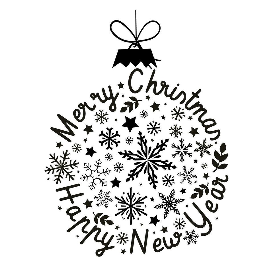 Marie Noël et content Nouveau année carte avec hiver éléments. vecteur noir et blanc illustration.
