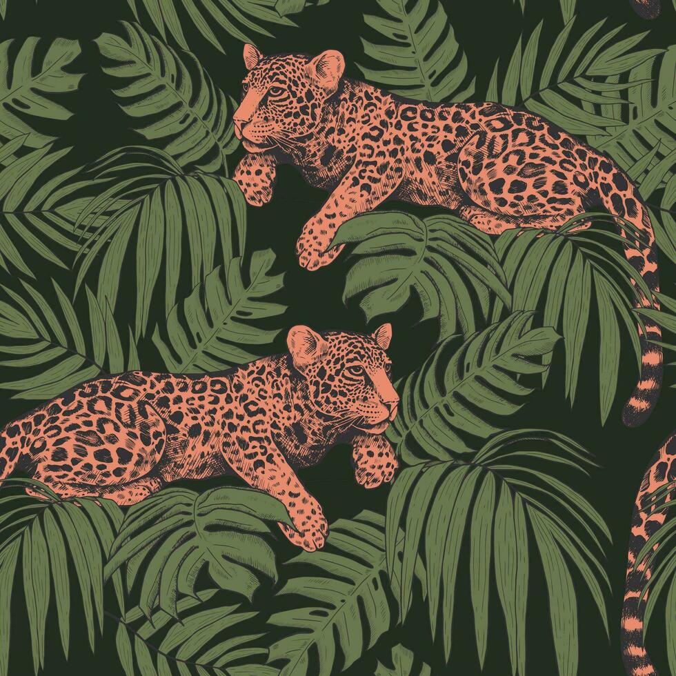 léopard dans le jungle. sans couture modèle de tropical feuilles et léopards. une moderne brillant illustration dans branché couleurs. vecteur