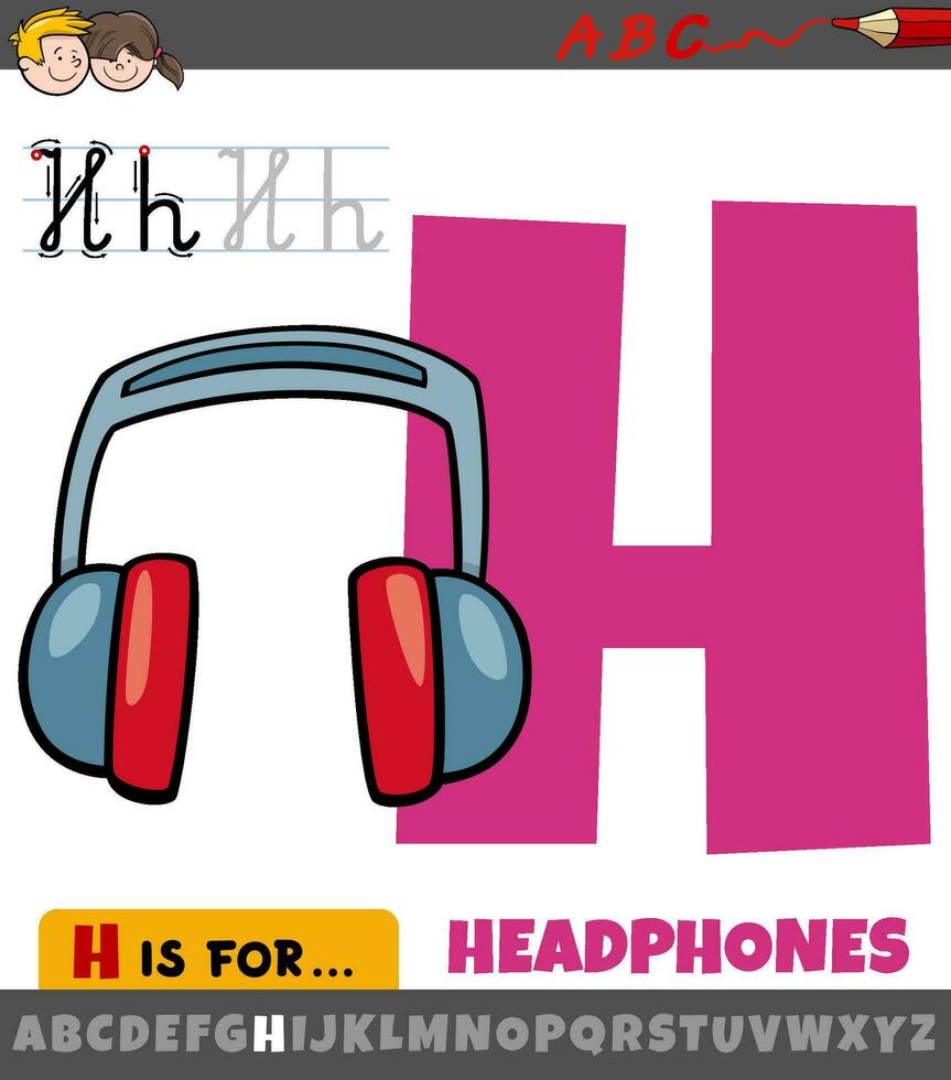 lettre h de alphabet avec dessin animé écouteurs objet vecteur