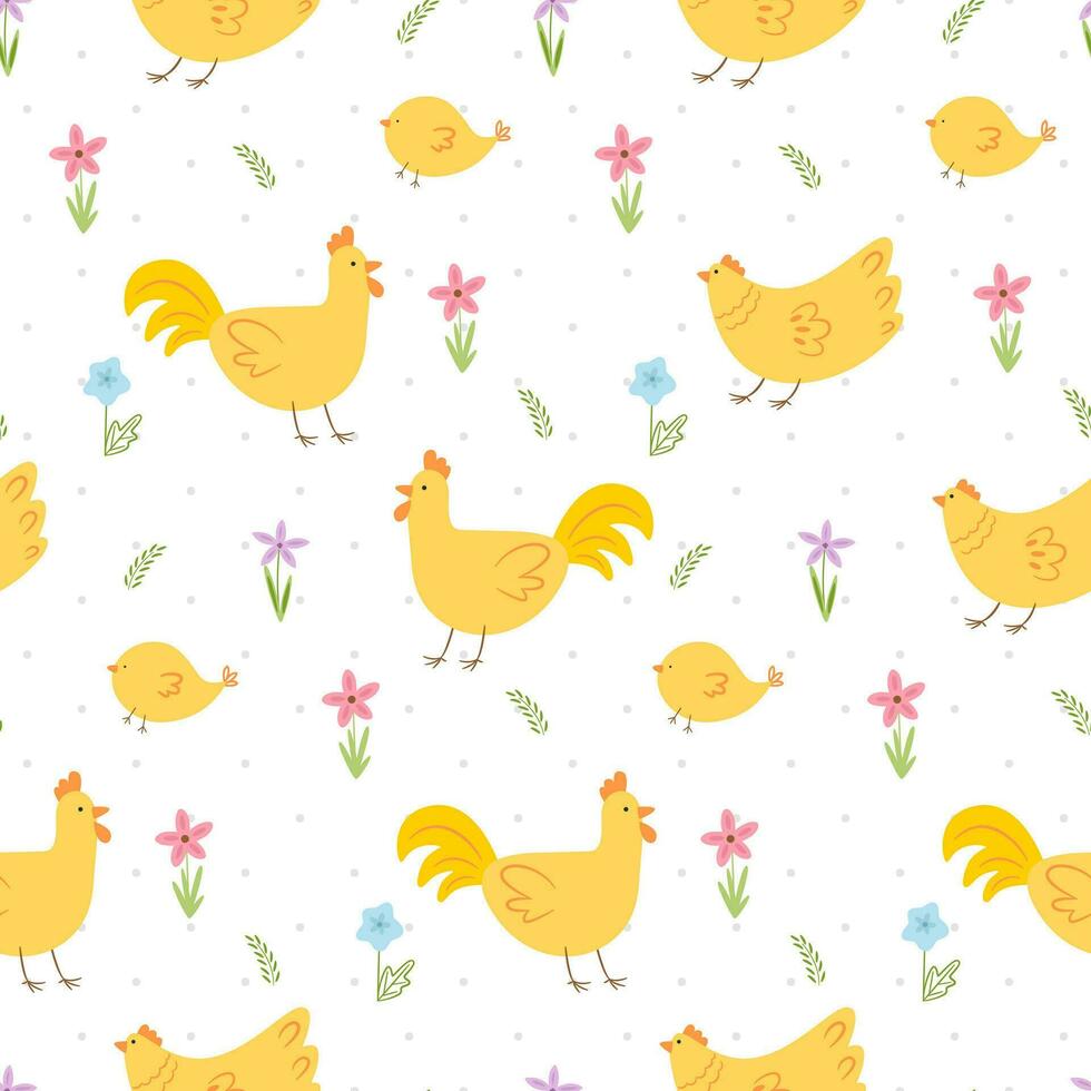 mignonne sans couture Pâques vecteur modèle avec poulet et fleurs. marrant printemps Contexte avec poussins, fleurs et brindilles.