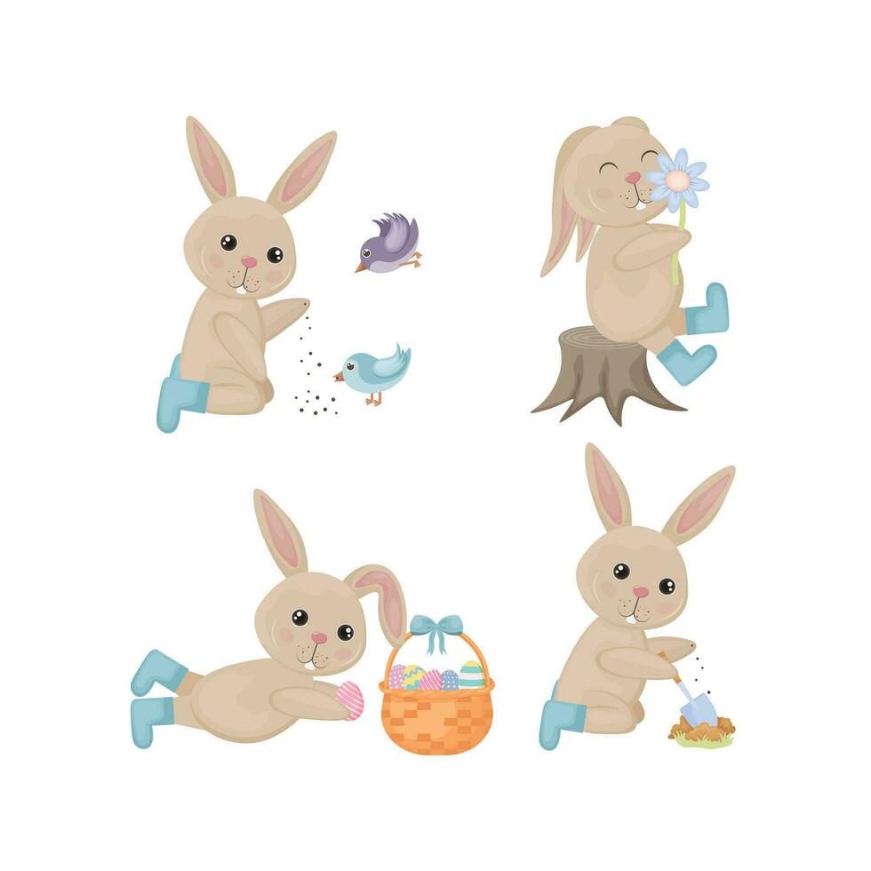 lapin ensemble. mignonne les enfants s illustration représentant divers Actions de une lapin. le lièvre alimente des oiseaux, les odeurs une fleur, pièces avec Pâques des œufs et les plantes une légume jardin. vecteur illustration