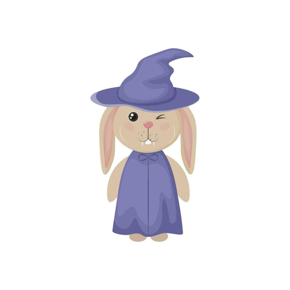 une lapin dans une sorcière s chapeau. mignonne lapin dans une sorcière chapeau et manteau. une lièvre dans une Halloween costume et avec crocs. vecteur illustration isolé sur une blanc Contexte