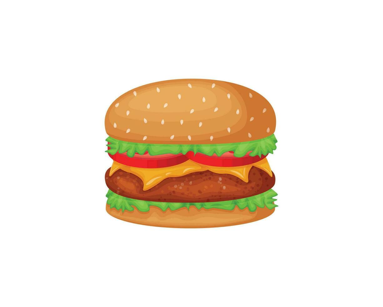 Hamburger. Burger avec escalope, tomates, fromage et salade sur une sésame chignon. vite aliments. vecteur illustration isolé sur une blanc Contexte