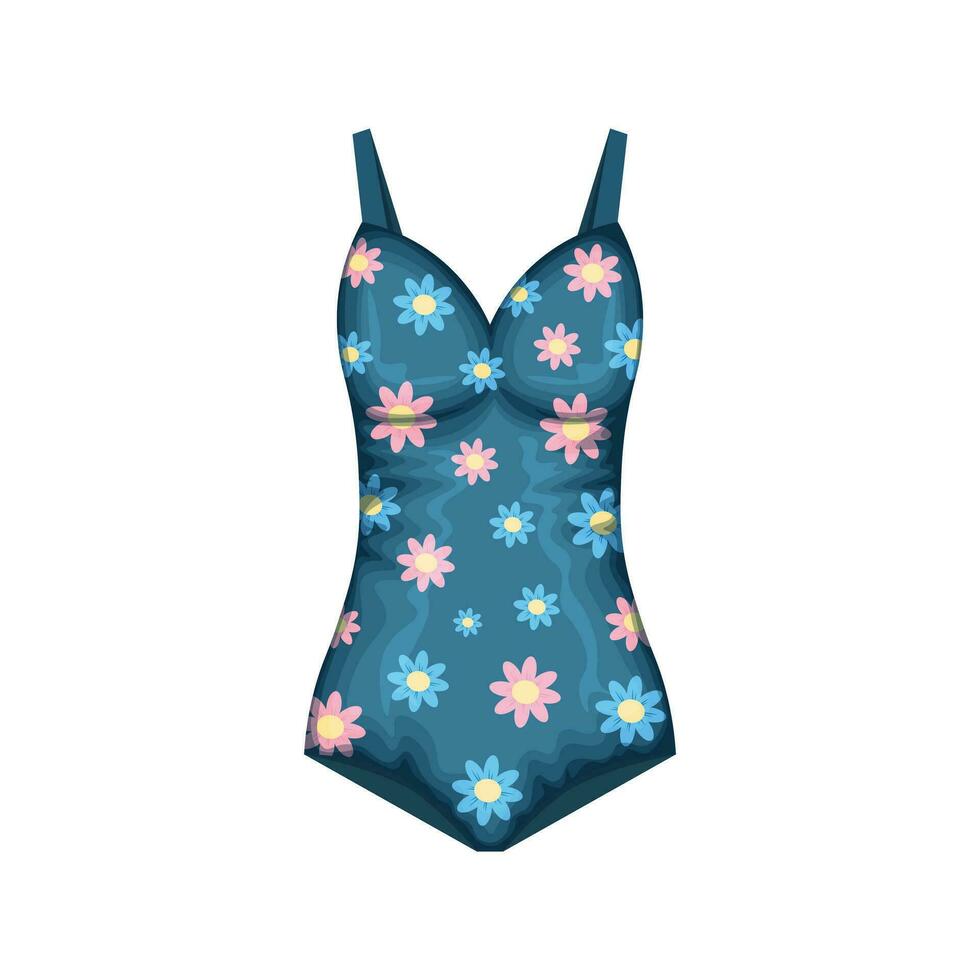 maillot de bain. femmes s fermé maillot de bain dans bleu avec fleurs. femmes s plage accessoire avec marguerites. baignade vêtements. vecteur illustration isolé sur une blanc Contexte