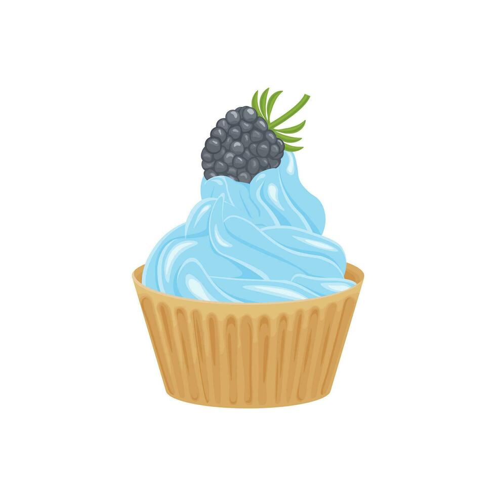 petit gâteau. vanille petit gâteau avec myrtilles. baie vanille muffin avec bleu crème. sucré dessert. vecteur illustration isolé sur une blanc Contexte