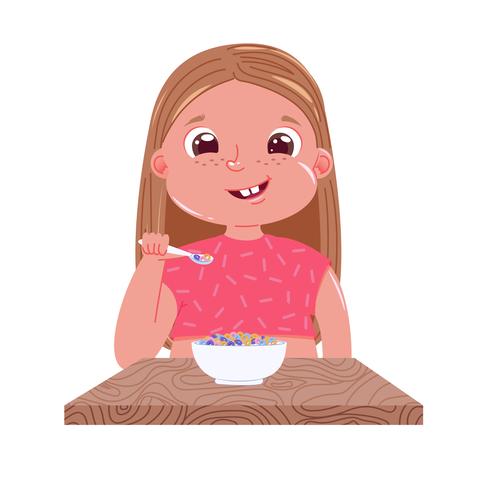 Une petite fille prend son petit déjeuner le matin. Plat sucré flocons de maïs colorés avec du lait. Illustration de dessin animé de vecteur