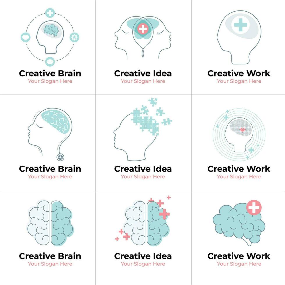 Icônes ensemble avec le cerveau, Humain diriger. Créatif idée, esprit, non standard en pensant vecteur cerveau logo