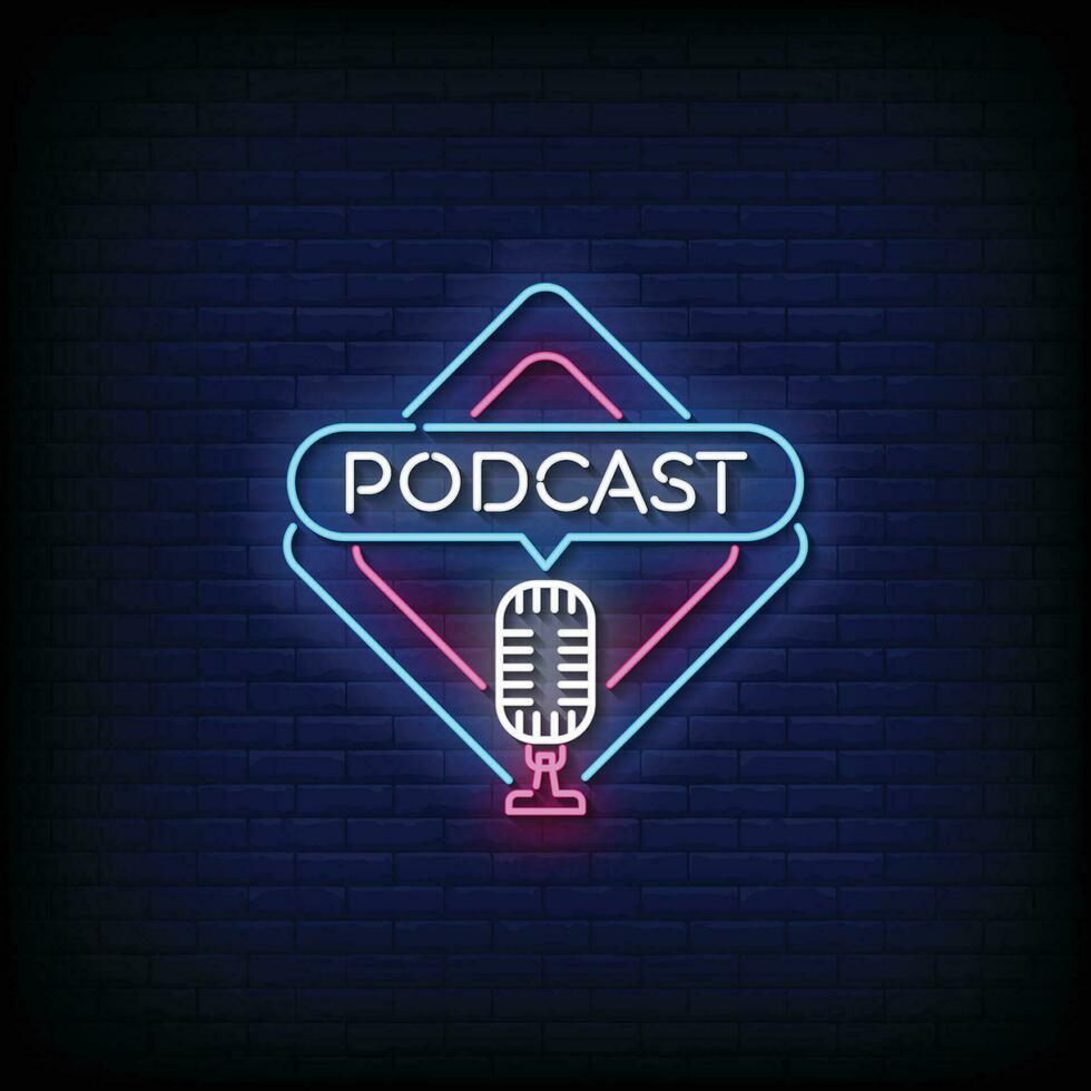 podcast d'enseigne au néon avec vecteur de fond de mur de briques