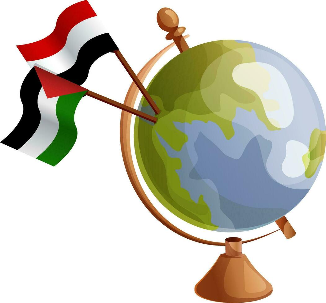 relation amicale et unité concept. Yémen et Palestine drapeaux pôle sur globe. vecteur illustration isolé sur blanc Contexte