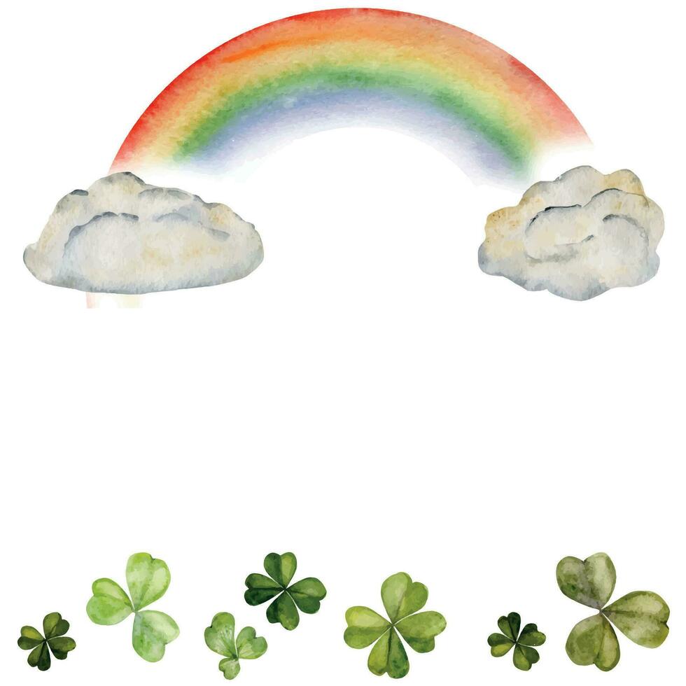 aquarelle main tiré illustration, Saint patrick vacances. arc en ciel sur des nuages, chanceux trèfle trèfle quatre feuilles. Irlande tradition. isolé sur blanc Contexte. pour faire-part, imprimer, site Internet, cartes vecteur