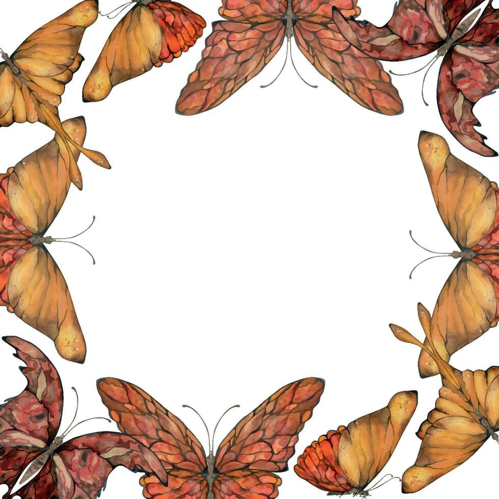 main tiré aquarelle illustration papillon Fée ailes gemme cristal insecte papillon. ambre grenat pierre de soleil agate rubis. carré Cadre isolé sur blanc Contexte. conception imprimer, boutique, mariage, anniversaire vecteur