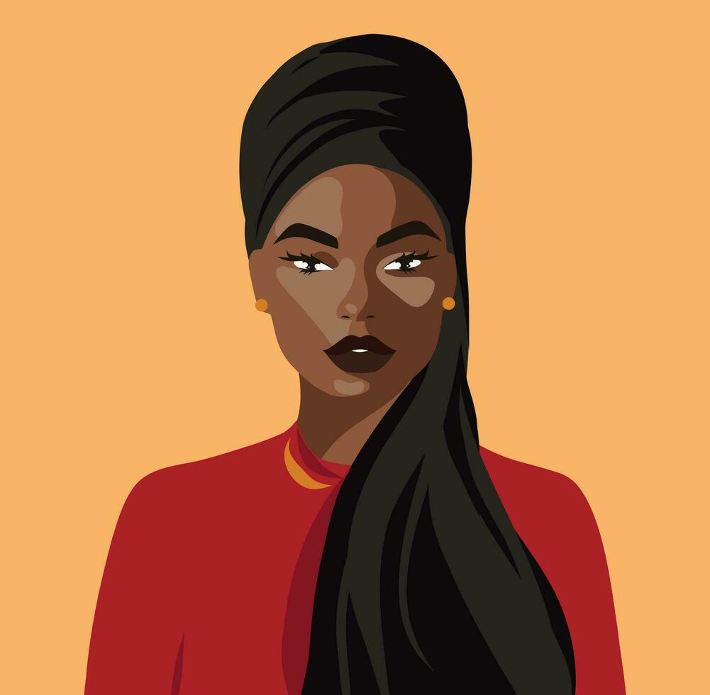 avatar portrait de une noir africain fille. magnifique affiche carte pour aux femmes journée. vecteur plat brillant illustration sur une brillant Orange Contexte