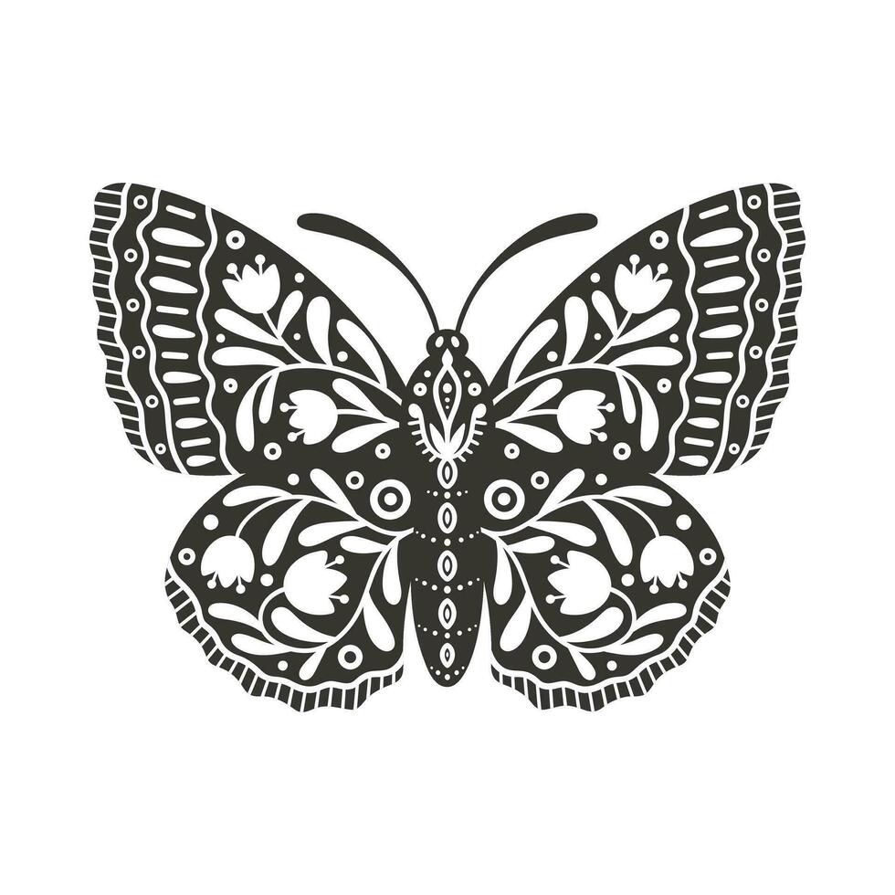 papillon icône avec floral ornement. ancien silhouette de noir et blanc mystique papillon ou papillon. en volant céleste insecte, vecteur illustration