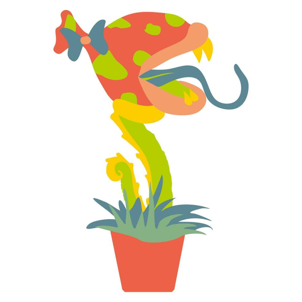 effrayant plat autocollant de monstre plante dans fleur pot. vecteur fantaisie botanique illustration, personnage avec les dents et langue. main tiré dessin animé fantastique conception art pour affiche, livre, carte, bannière.