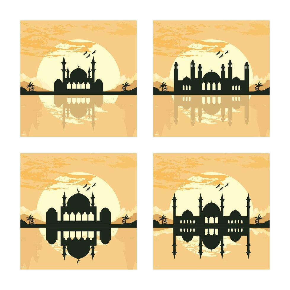 collection de mosquée silhouette avec montagnes et le coucher du soleil dans le Contexte vecteur