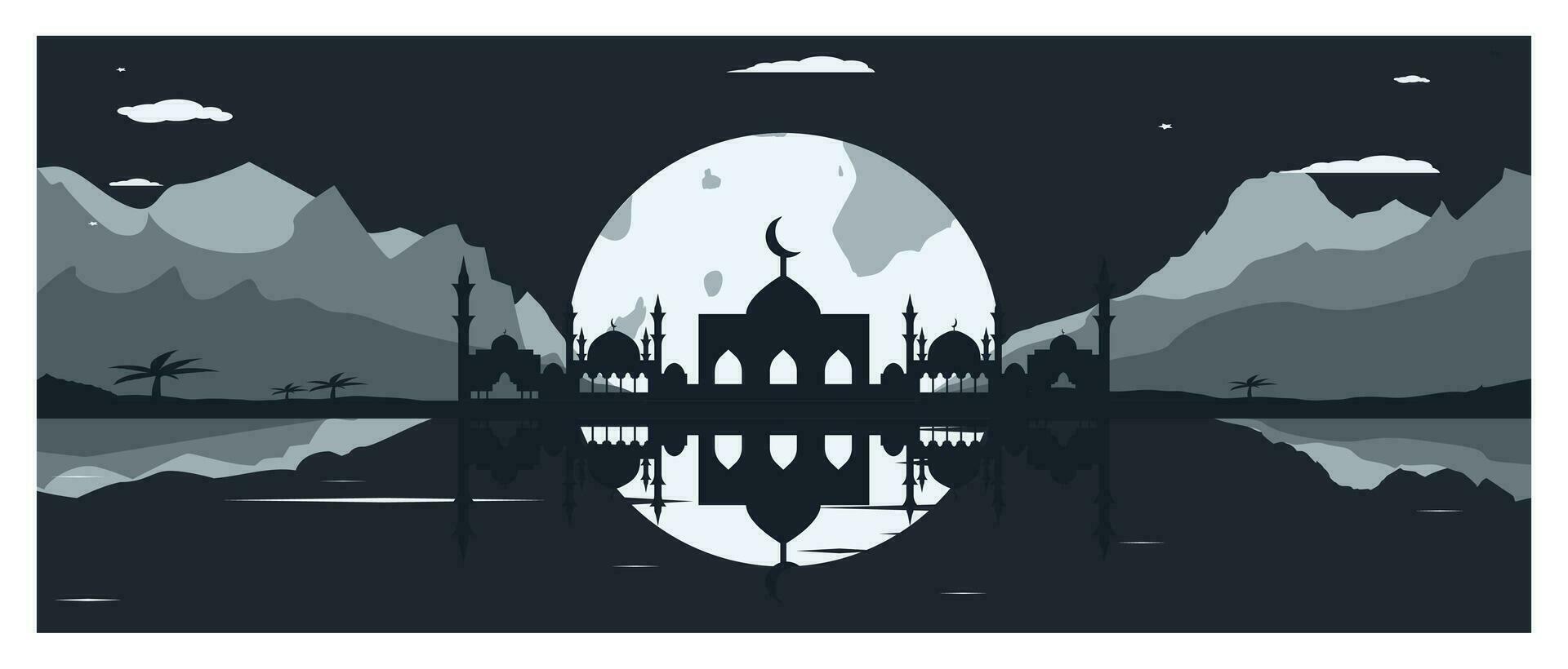 mosquée silhouette avec montagnes et plein lune dans le Contexte vecteur