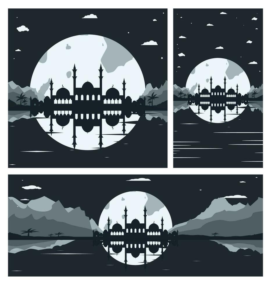 collection de mosquée silhouette arrière-plans avec montagnes et plein lune dans le Contexte vecteur