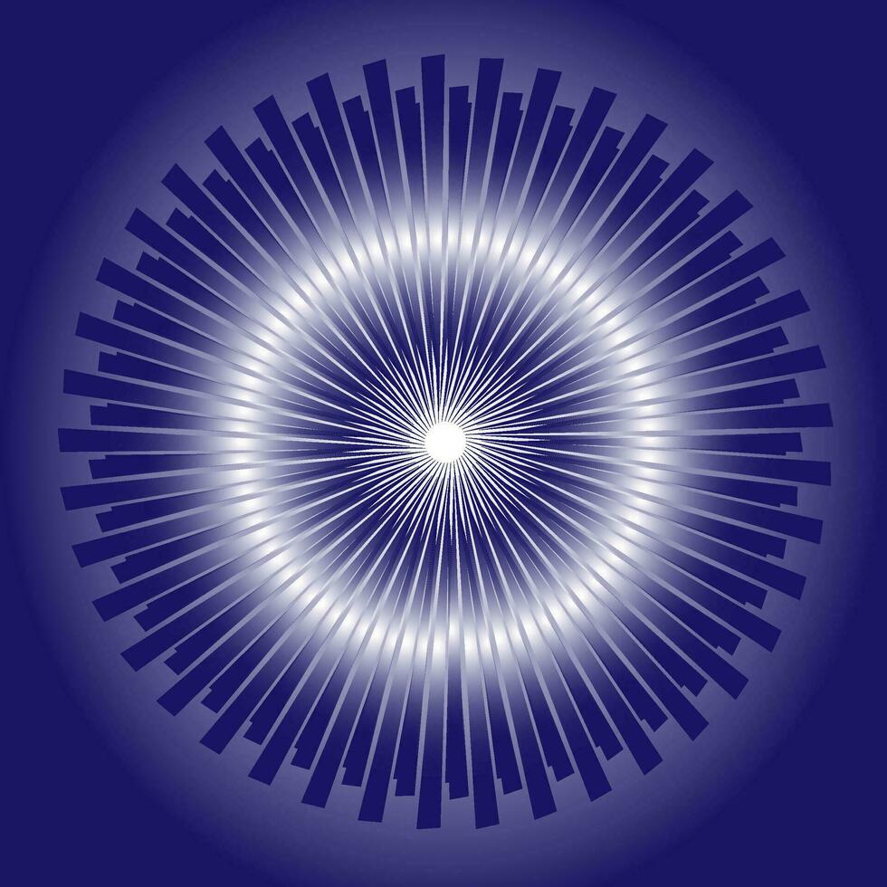 abstrait géométrique modèle dans le forme de métallique brillant lignes et rayures arrangé dans une cercle sur une bleu Contexte vecteur