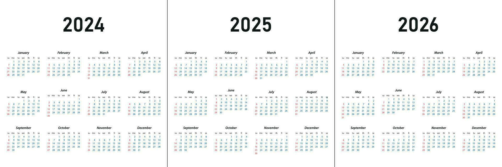 calendrier 2024, calendrier 2025, calendrier 2026 la semaine début dimanche vecteur