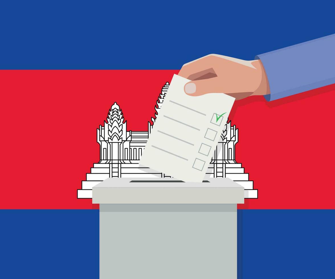 Cambodge élection concept. main met voter bulletin vecteur