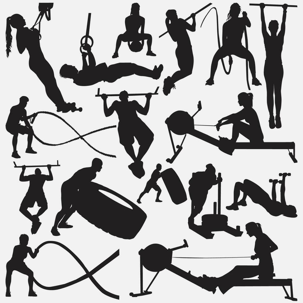 salle de fitness équipement silhouette ensemble vecteur