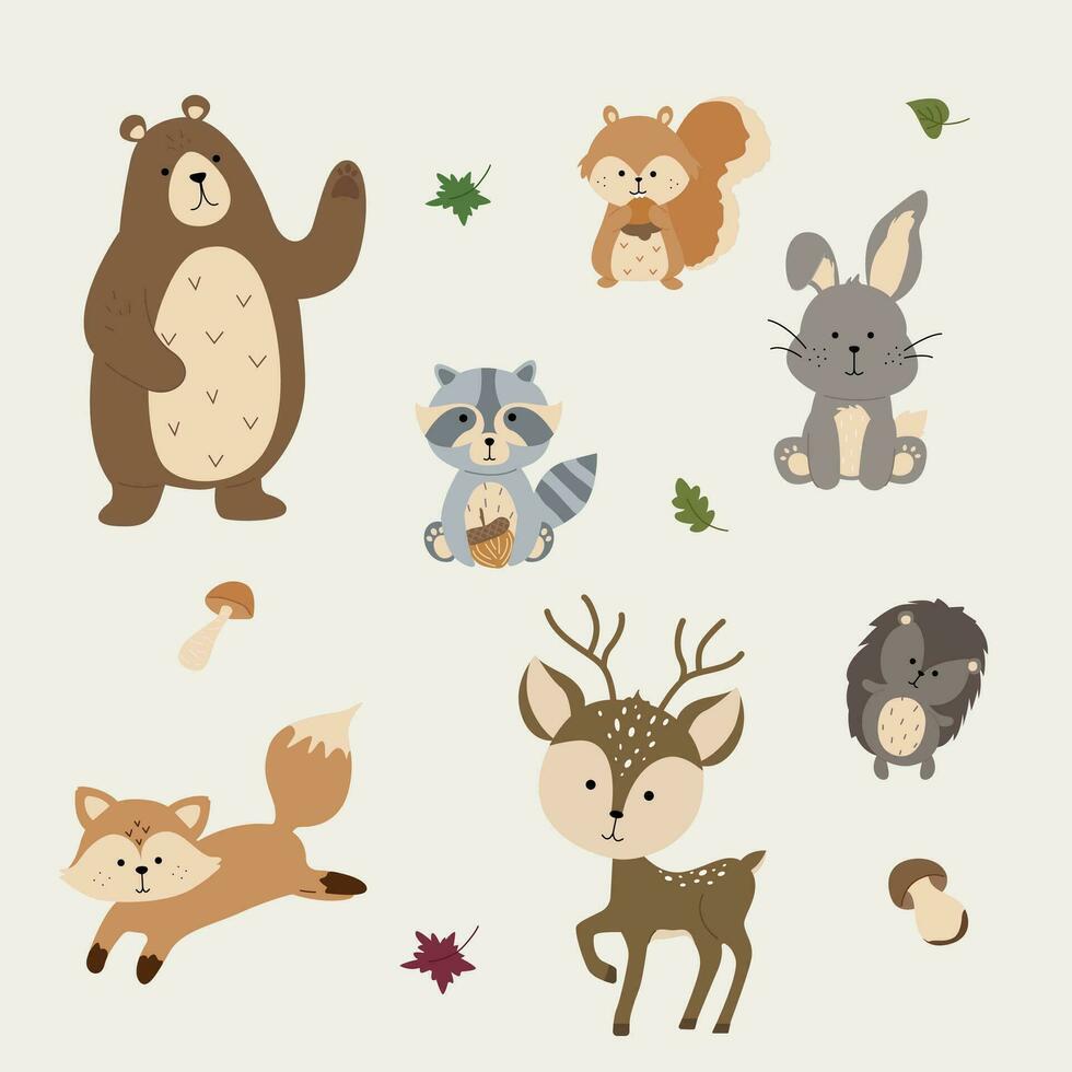 mignonne forêt animaux dans dessin animé style. la nature forêt. ours, Renard, écureuil, hérisson, lièvre, raton laveur. vecteur illustration