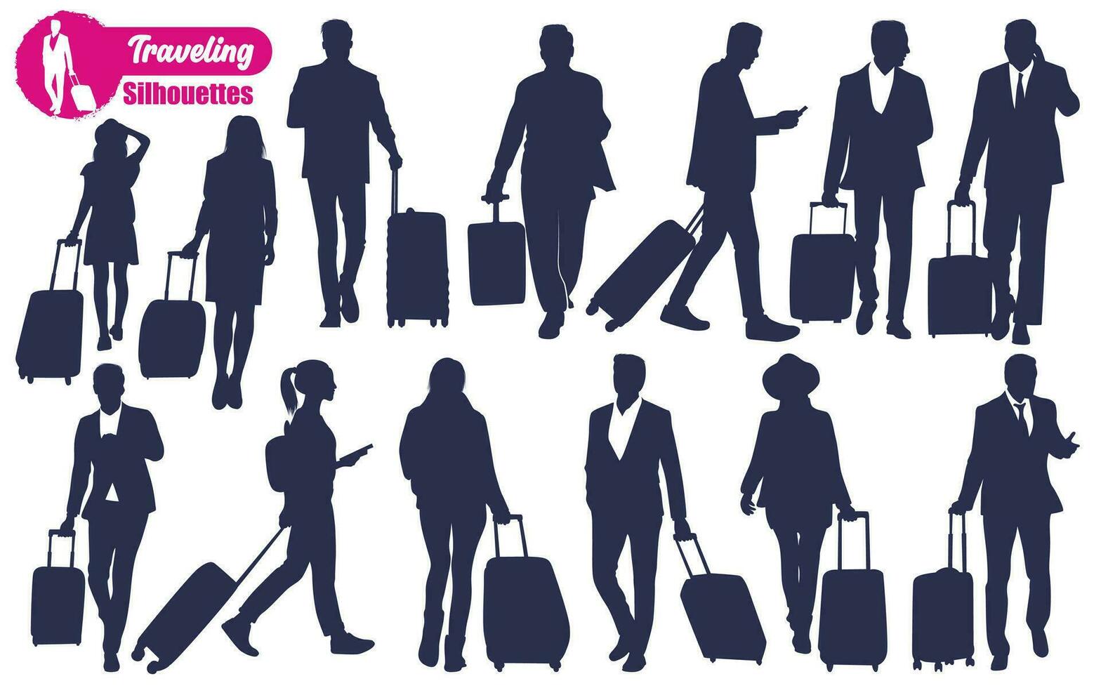 en voyageant avec valise silhouettes vecteur illustration