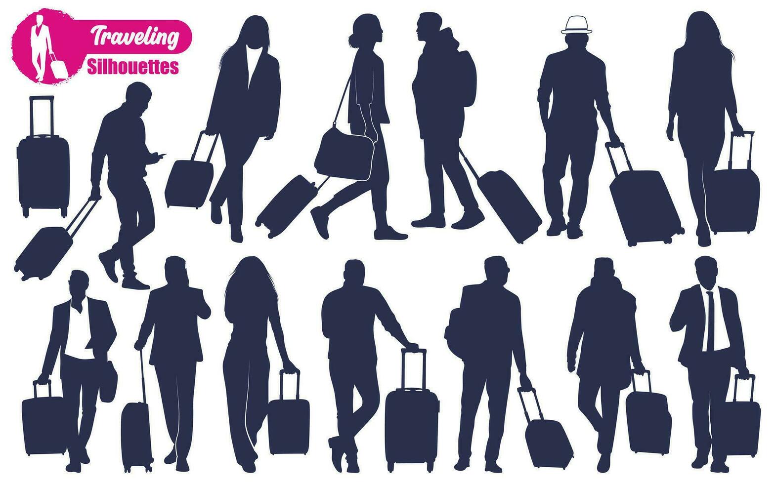 en voyageant avec valise silhouettes vecteur illustration