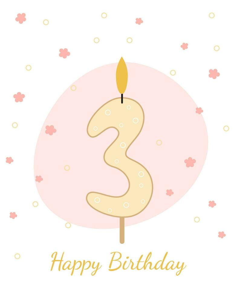 doux, content anniversaire carte. vecteur illustration de une bougie pour une gâteau dans le forme de le nombre 3.