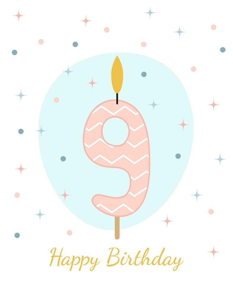 content anniversaire carte. vecteur illustration de une bougie pour une gâteau dans le forme de le nombre 9.