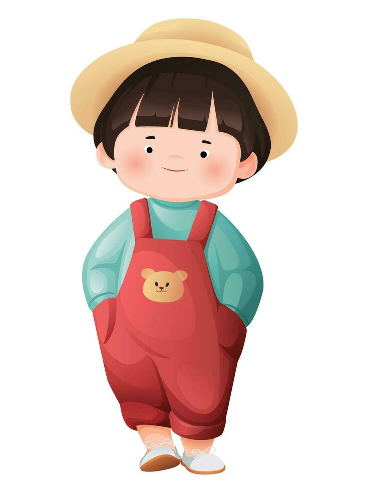 une mignonne peu garçon dans dessin animé style. content, kawaii souriant garçon enfant personnage. une écolier dans une chapeau des stands avec le sien mains dans le sien les poches. vecteur illustration isolé sur une blanc Contexte.