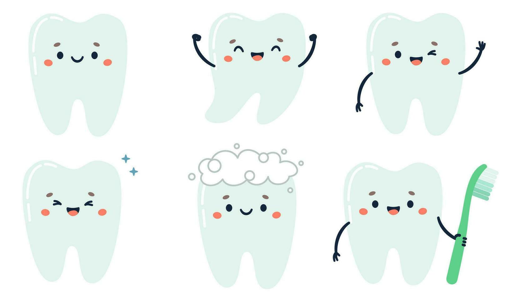 vecteur collection de dentaire illustration. mignonne les dents avec visages et mains, souriant et content, en bonne santé les dents et brosse à dents