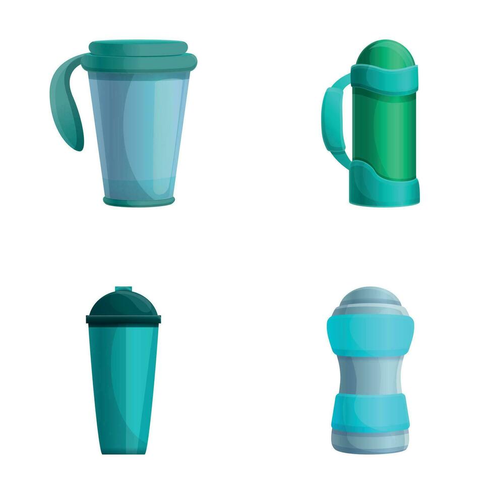 thermo tasse Icônes ensemble dessin animé vecteur. divers Voyage agresser et thermos vecteur