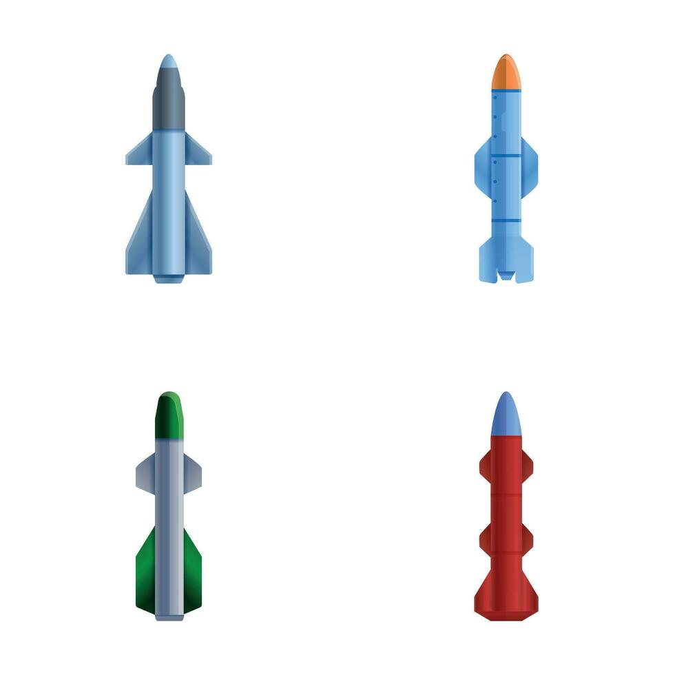 croisière missile Icônes ensemble dessin animé vecteur. militaire fusée arme vecteur