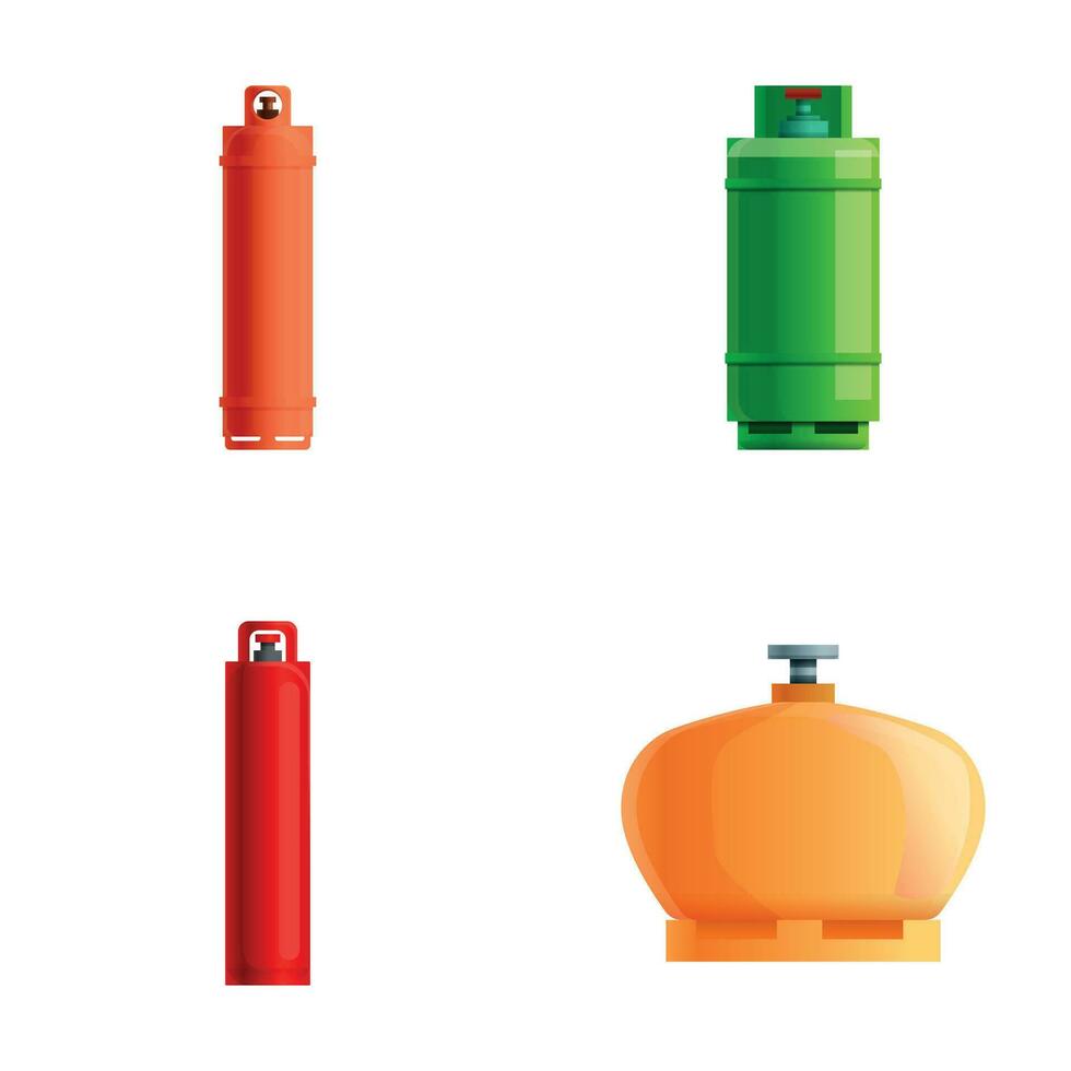 gaz réservoir Icônes ensemble dessin animé vecteur. différent type de gaz bouteille vecteur