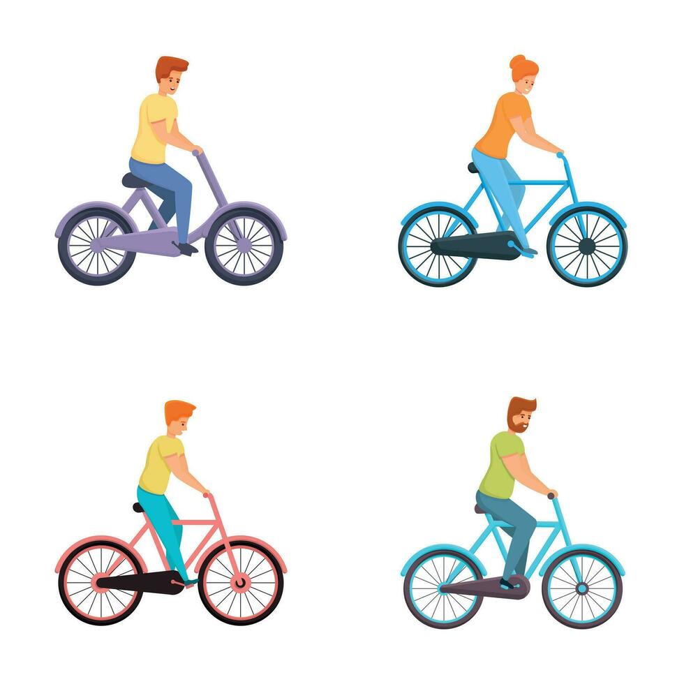 vélo cavalier Icônes ensemble dessin animé vecteur. homme et femme sur vélo vecteur