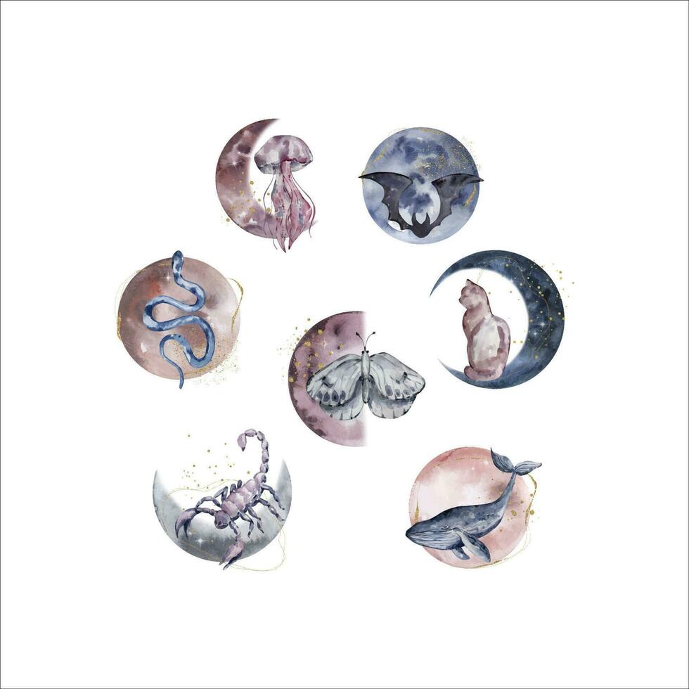 aquarelle ensemble fantastique lune animaux, illustration vecteur