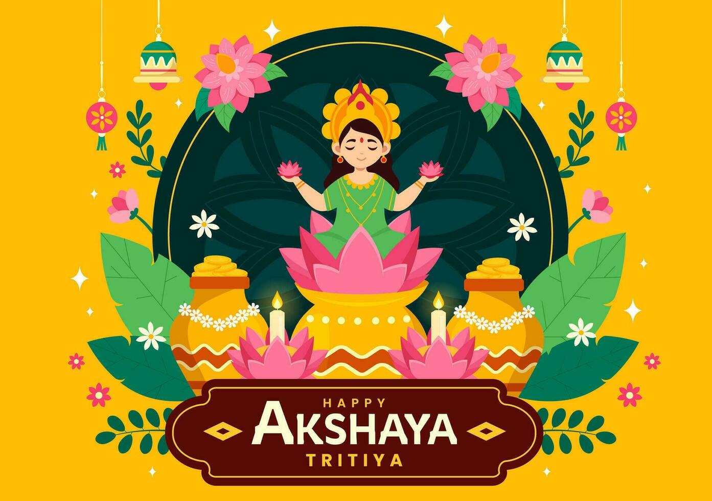 akshaya tritiya Festival vecteur illustration avec une d'or kalash, bougie, pot et or pièces de monnaie pour dhanteras fête dans traditionnel hindou vacances