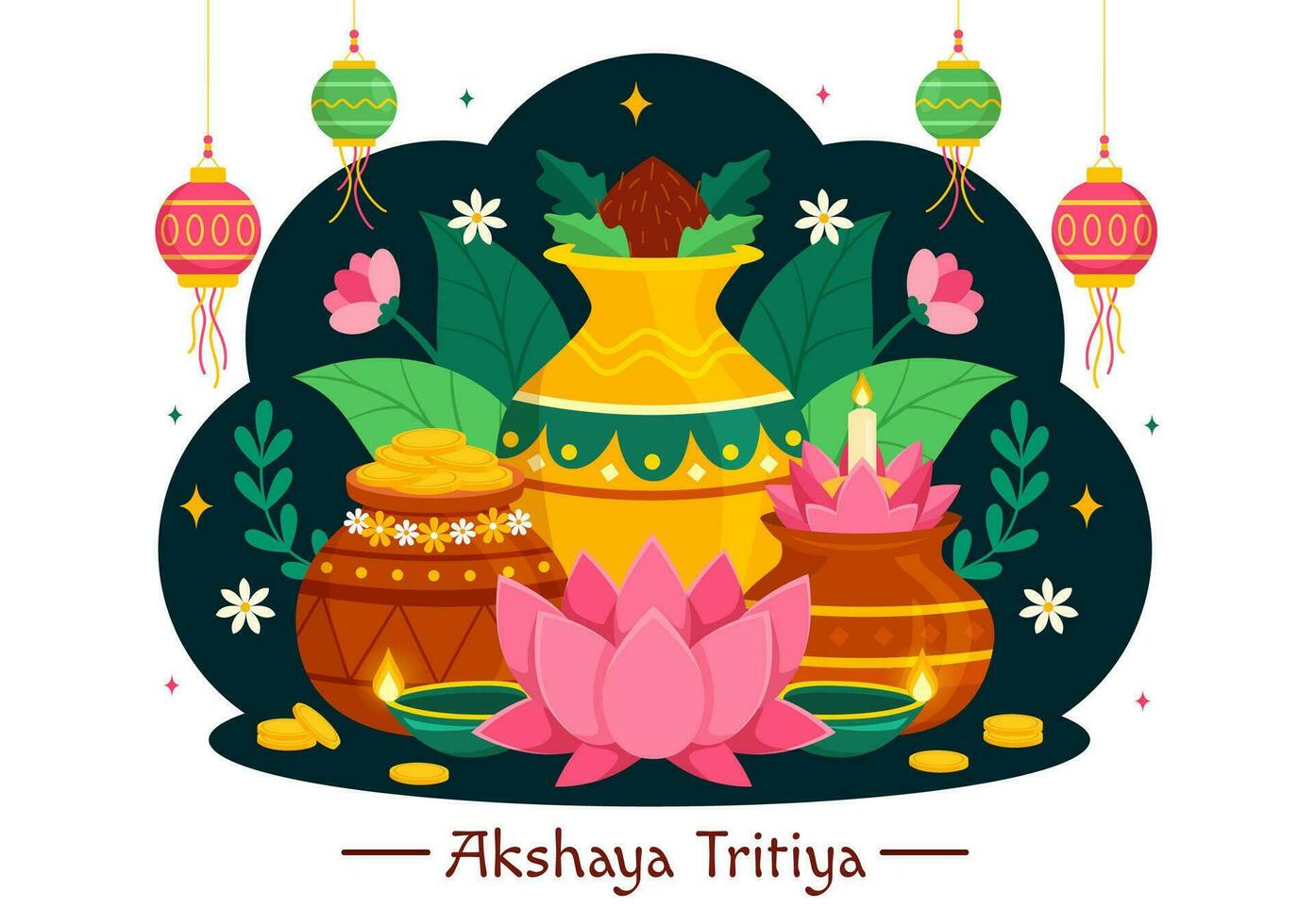 akshaya tritiya Festival vecteur illustration avec une d'or kalash, bougie, pot et or pièces de monnaie pour dhanteras fête dans traditionnel hindou vacances