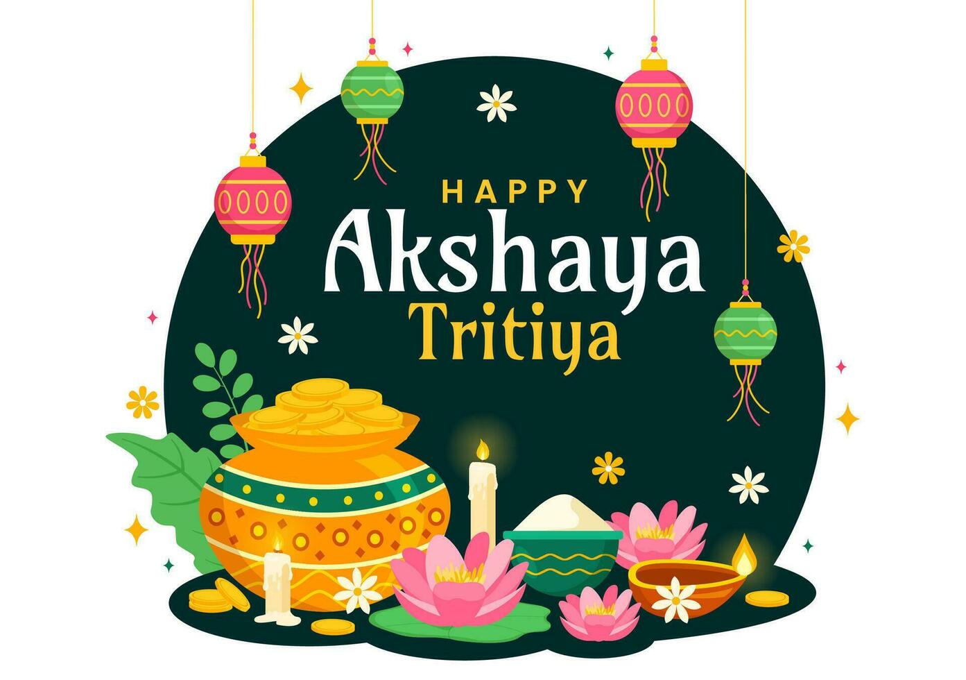 akshaya tritiya Festival vecteur illustration avec une d'or kalash, bougie, pot et or pièces de monnaie pour dhanteras fête dans traditionnel hindou vacances